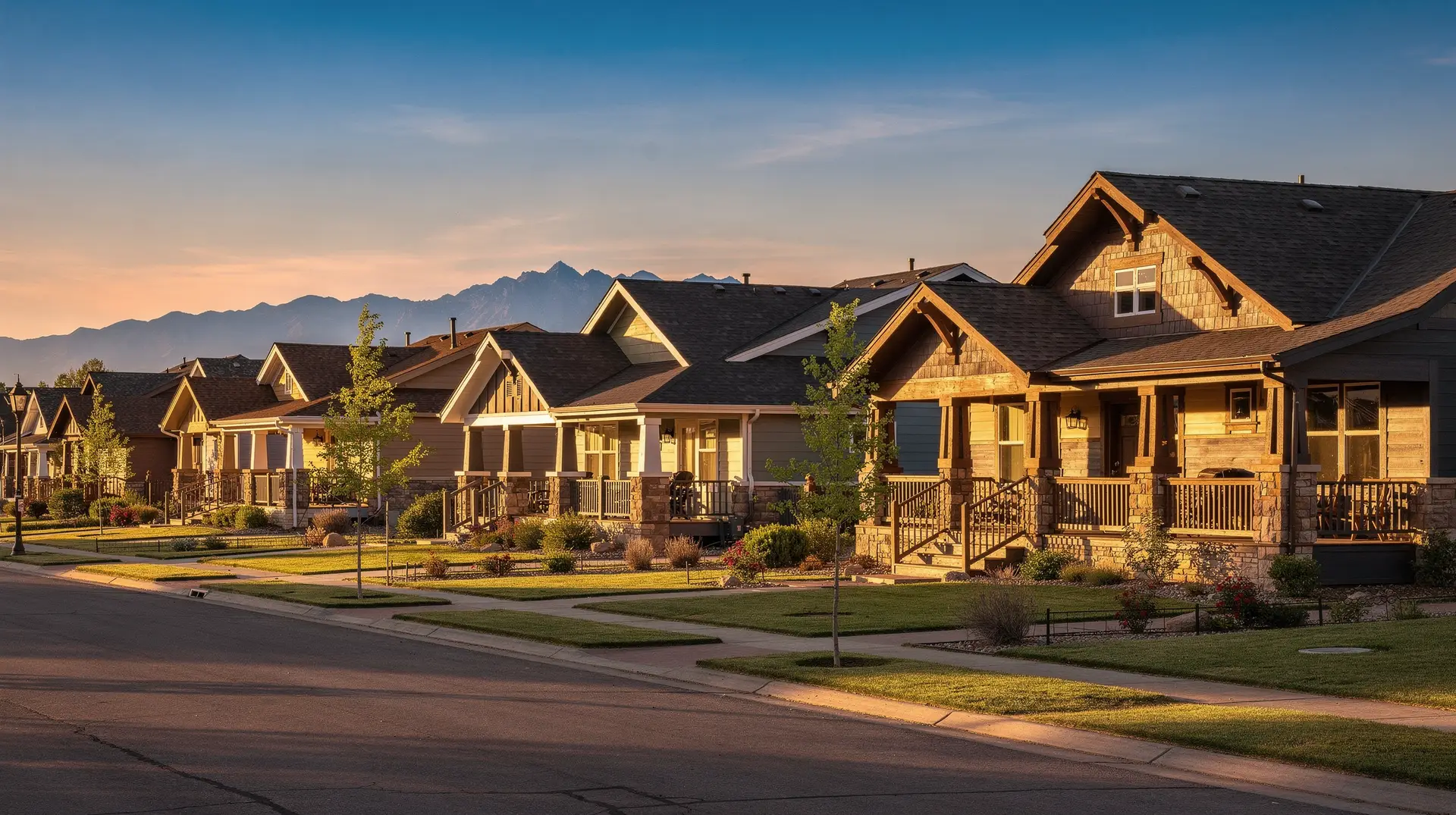 Craftsman homes with new shingle roofs in a Fort Collins neighborhood at golden hour