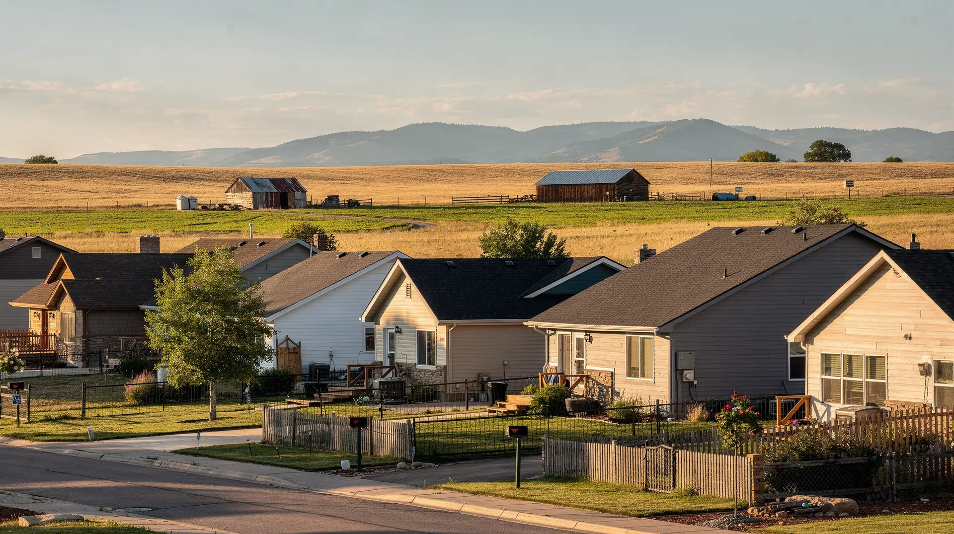 Berthoud Colorado homes at the rural edge of town with farmland and foothills beyond