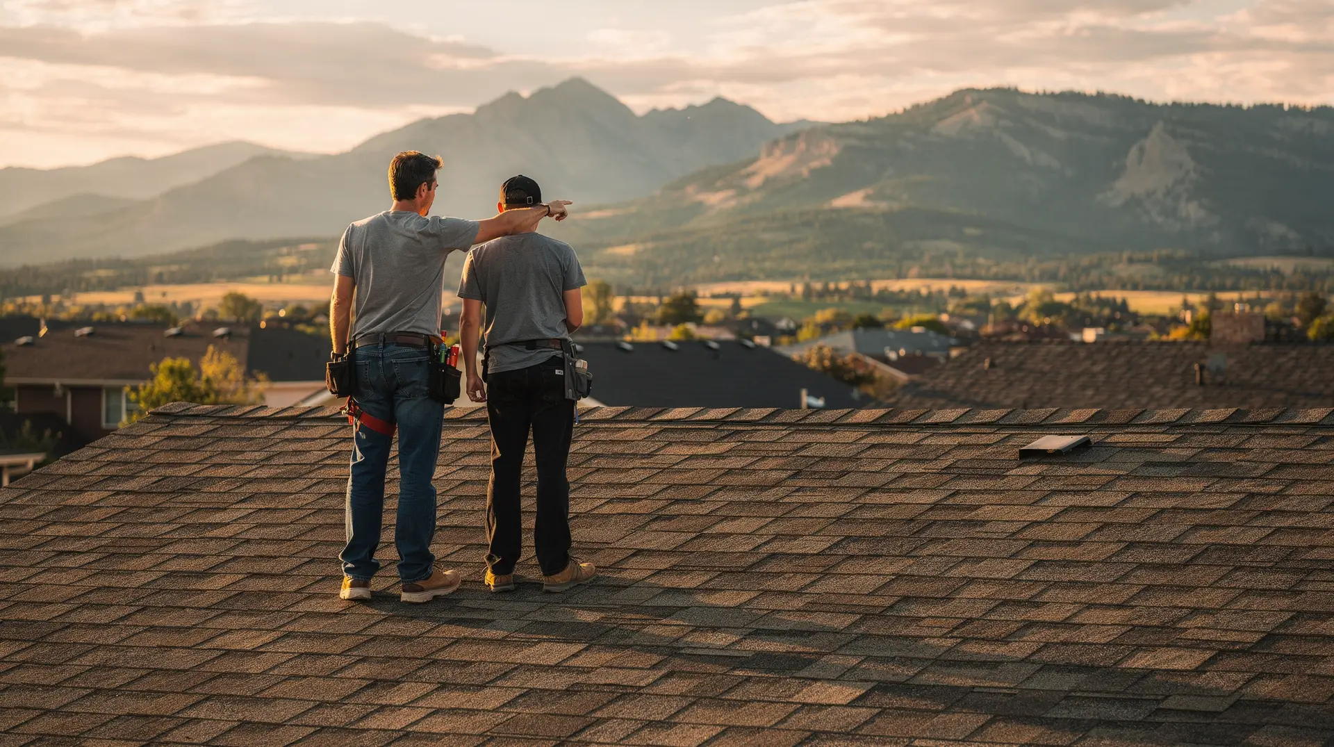 Roofer and insurance adjuster reviewing a shingle roof together at golden hour