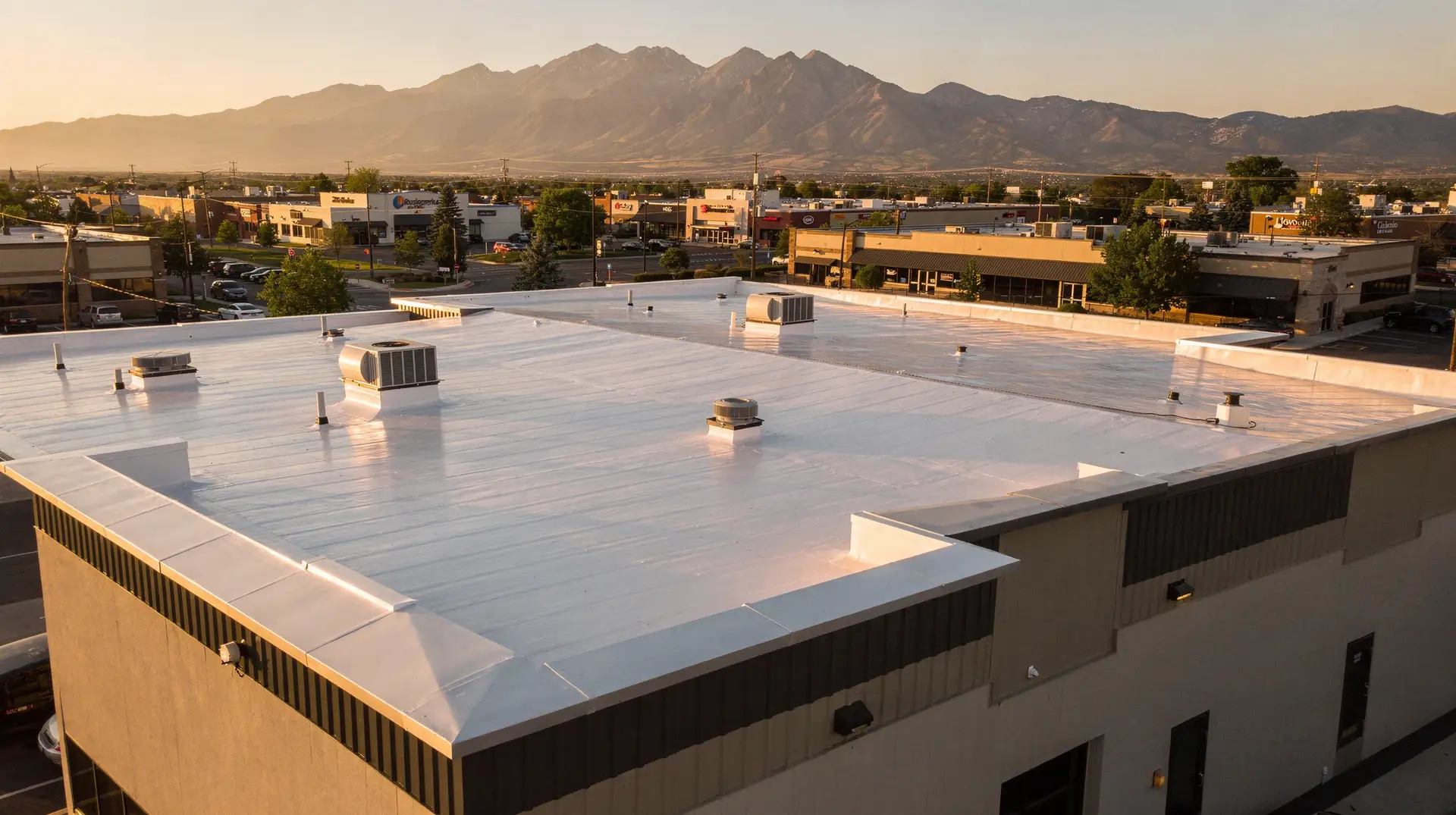 New low-slope commercial roof over a Northern Colorado business district at golden hour