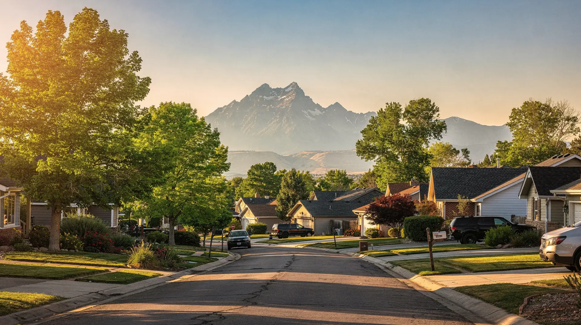 Tree-lined Longmont neighborhood with Longs Peak on the horizon