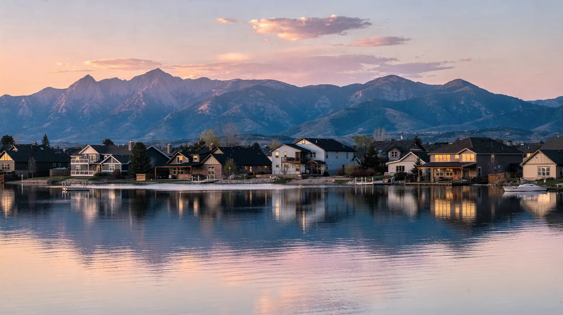 Loveland homes along the lake at dusk