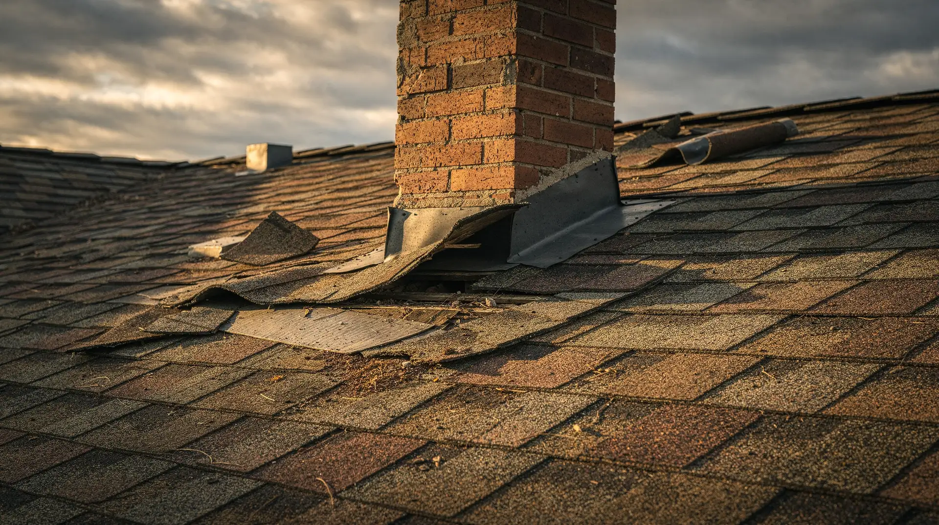 Wind-lifted and missing shingles beside a brick chimney with metal flashing