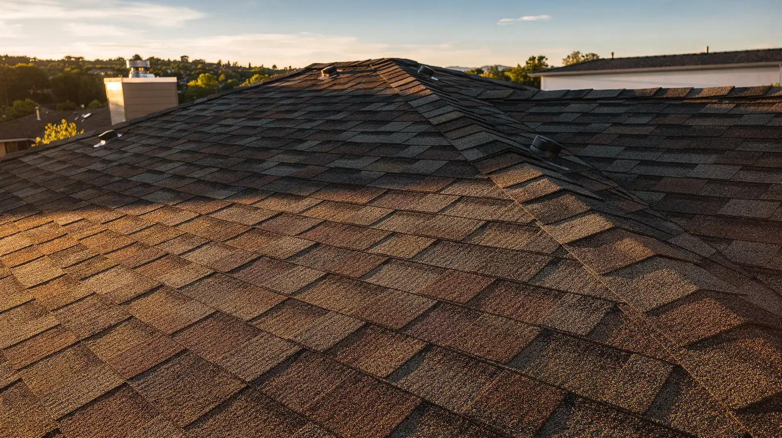 Brand-new architectural asphalt shingles on a steep residential roofline in golden-hour light