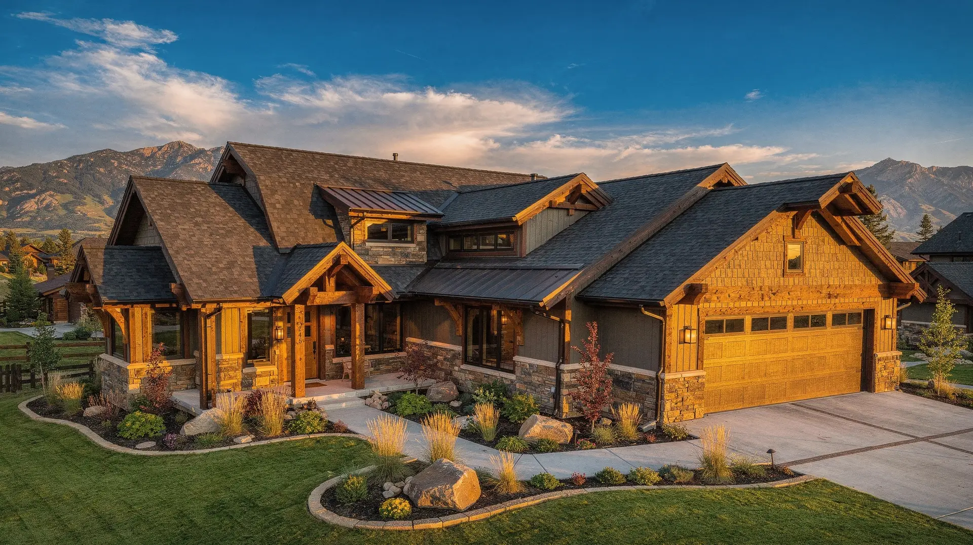 Newly roofed mountain-craftsman home in Northern Colorado at golden hour